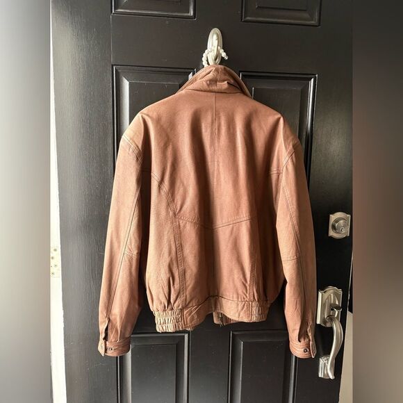 VTG The New Age Brown Leather Double Collar Bomber Jacket Size S - Picture 3 of 15